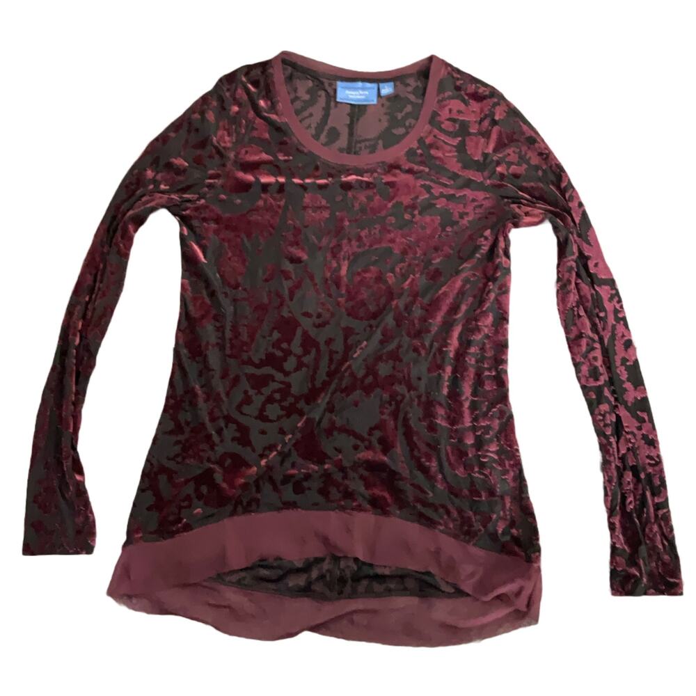 Simply Vera Blouse Womens Size Small Maroon Black Crushed Velvet Long Sleeve